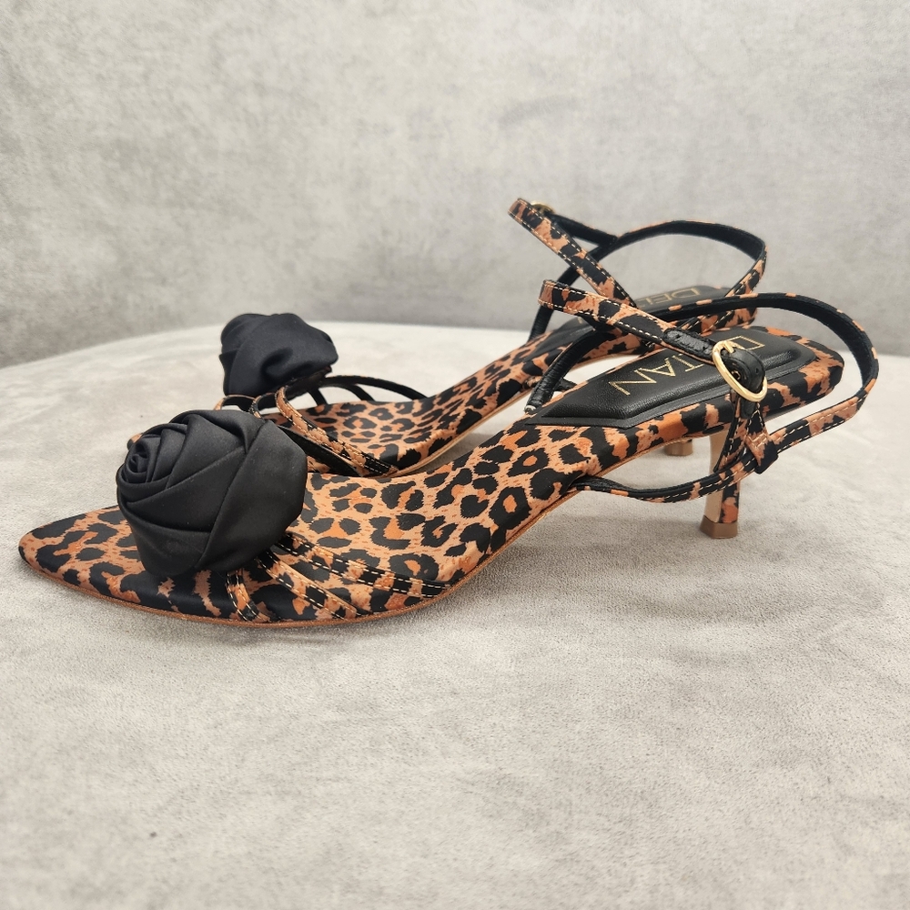 Deltan Dressy Sandals 10 Brown Satin Amayah Leopard Print Black Rosette New $110 - Picture 8 of 15